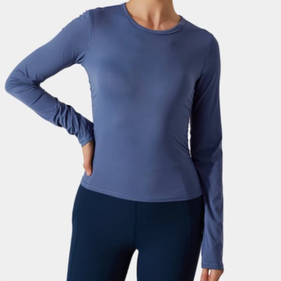 Halara Round Neck Sports Long Sleeve Top Shirred Sides Smoke Blue Small - Picture 1 of 6